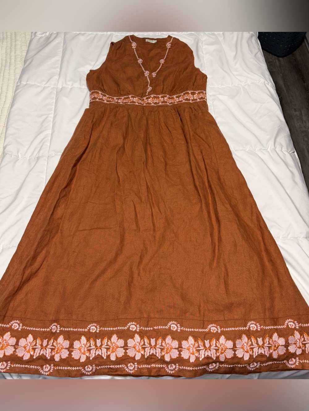Spartina 449 Jennifer Midi Mocha Dress 100% Linen Embroidered Floral - Picture 3 of 9